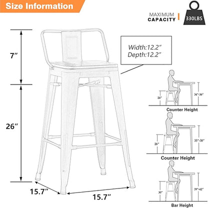 Yongchuang 26" Metal Barstools Set of 4 Low Back Bar Stool Counter Height Bar Stools with Wooden Top Silver