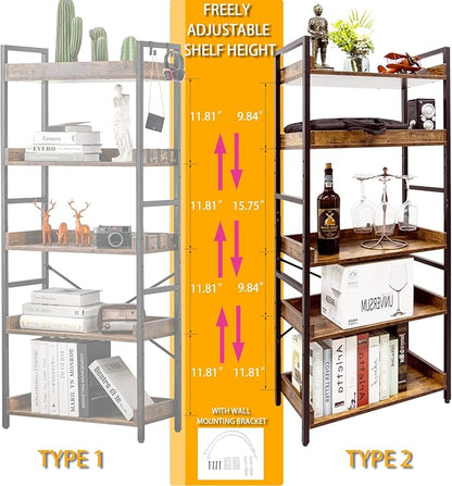 HCHQHS Adjustable 5 Tier Open Bookcase, Rustic Farmhouse Book Shelves, Industrial Wood and Black Metal Bookshelves, Mid Century Bookcase for Home Office Living Room Bedroom