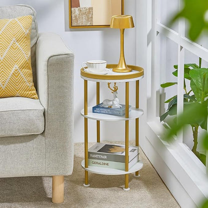 Small Round End Table with Charging Station, 3-Tier Accent Couch Beside Table with USB Ports & Power Outlets, Sofa Side Table for Living Room Small Nightstand Bedroom (Classic, White+Gold)