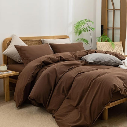 BESTOUCH Duvet Cover Set 100% Washed Cotton Linen Feel Super Soft Comfortable Chic Lightweight 3 PCs Home Bedding Set Solid Cocoa Brown Super King