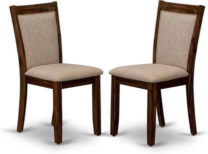 I7MZ7-50N-04 7-Pc Dining Set consists of a Pedestal Dining Table and 6 Light Tan Polyester Fabric Dining Chairs with Padded Back - Antique Walnut Finish