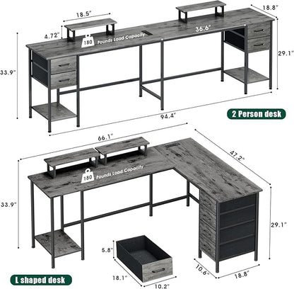 66" L Shaped Computer Desk, 94.4'' Home Office Desk with Power Outlets, 4 Adjustable Storage Drawers & 2 Monitor Stands, Large Two Person Gaming Table for Writing Study, Grey