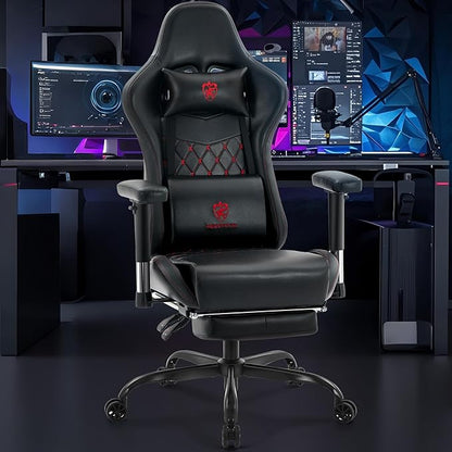 Gaming Chair,Computer Office Chair with Footrest,Massage Lumbar Support and Gel Pad,Ergonomic Reclining Leather Gamer Chair with Headrest,Adjustable Armrests and Spring Cushion Black Red