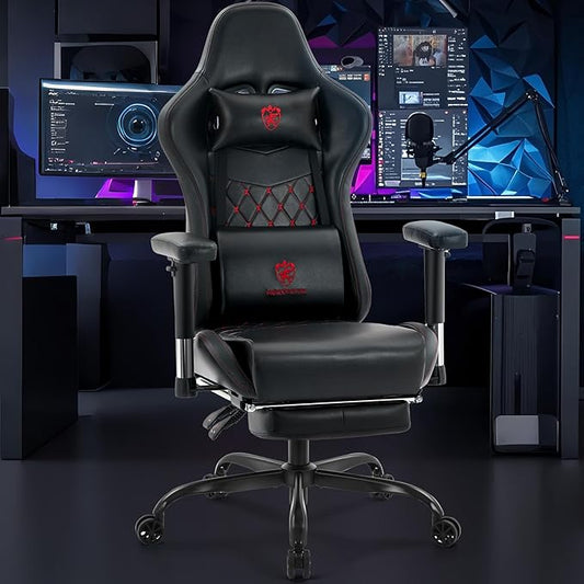 Gaming Chair,Computer Office Chair with Footrest,Massage Lumbar Support and Gel Pad,Ergonomic Reclining Leather Gamer Chair with Headrest,Adjustable Armrests and Spring Cushion Black Red