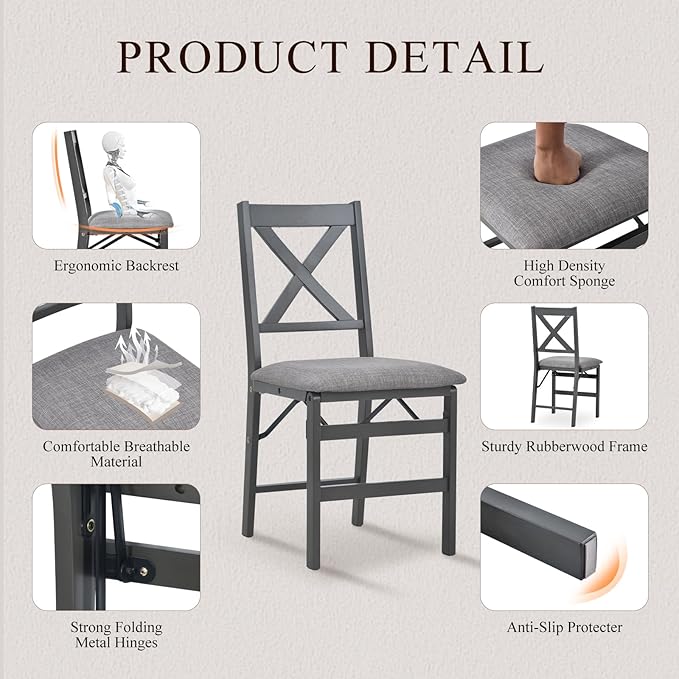 COLAMY Folding Dining Chairs Set of 4 – Dark Grey Upholstered Dining Room Chairs with Wooden Frame, Pre-Assembled, Space Saving Modern Kitchen & Dining Room Furniture for Small Spaces