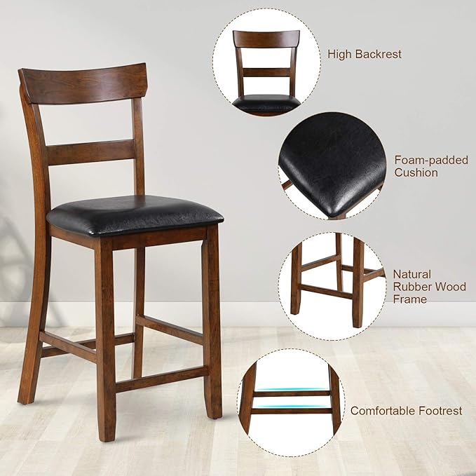 COSTWAY Barstools Set of 4, 25.5-Inch Counter Height Chair with Backrest, Foam-Padded Cushion, Rubber Wood Legs, Wooden Vintage Dining Chair for Bistro, Living Room, Kitchen, Brown and Black
