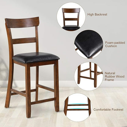 COSTWAY Barstools Set of 4, 25.5-Inch Counter Height Chair with Backrest, Foam-Padded Cushion, Rubber Wood Legs, Wooden Vintage Dining Chair for Bistro, Living Room, Kitchen, Brown and Black