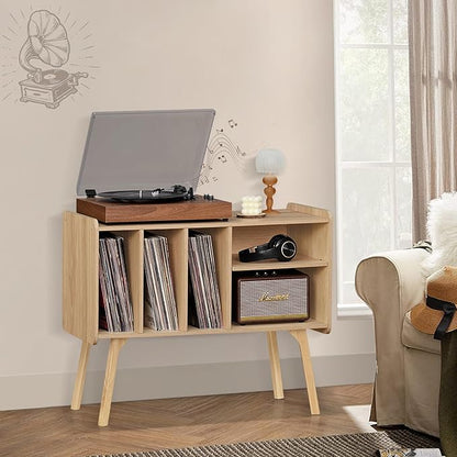 Lerliuo Record Player Stand with 4 Cabinet Holds Up to 220 Albums, Large Stand with Beech Wood Legs, Mid-Century Record Player Table,Burlywood Vinyl Holder Storage Shelf for Living Room