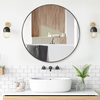 24 inch Round Titanium Mirror Wall Decor, Brushed Dark Grey Metal Framed Circle Mirror for Bathroom Vanity, Bedroom Decor, Living Room, Entryway