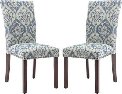 COLAMY Upholstered Parsons Dining Chairs Set of 2, Fabric Dining Room Kitchen Side Chair with Nailhead Trim and Wood Legs - Blue/White Flower