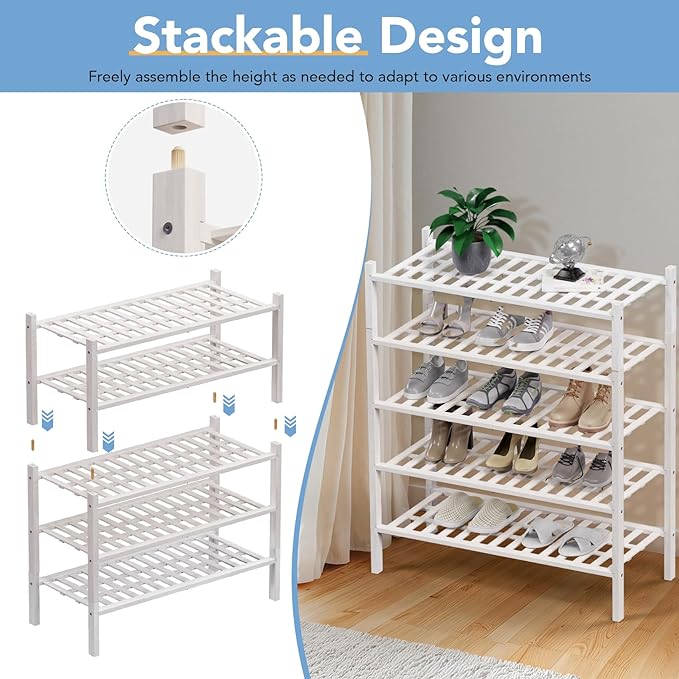 Haddockway 4 Tier Bamboo Shoe Rack Storage Organizer, Multifunctional Free Standing Stackable Shoe Shelf with Grid Panel for Closet,Hallway,Entryway,Small Space 27"x11"x26" (White, 4 Tier)