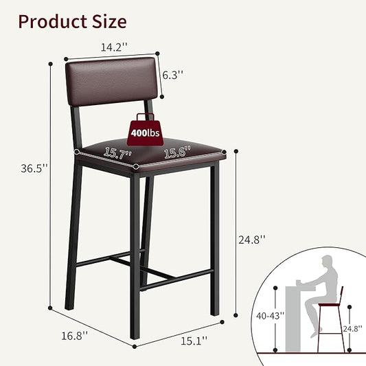 Garvee Bar Stools Set of 4, Kitchen Barstools with Thick Cushion, 25 Inch Counter Height Bar Stools with Backrest and Footrest, for Dining Room, Kitchen Island Counter Chairs, Retro Brown