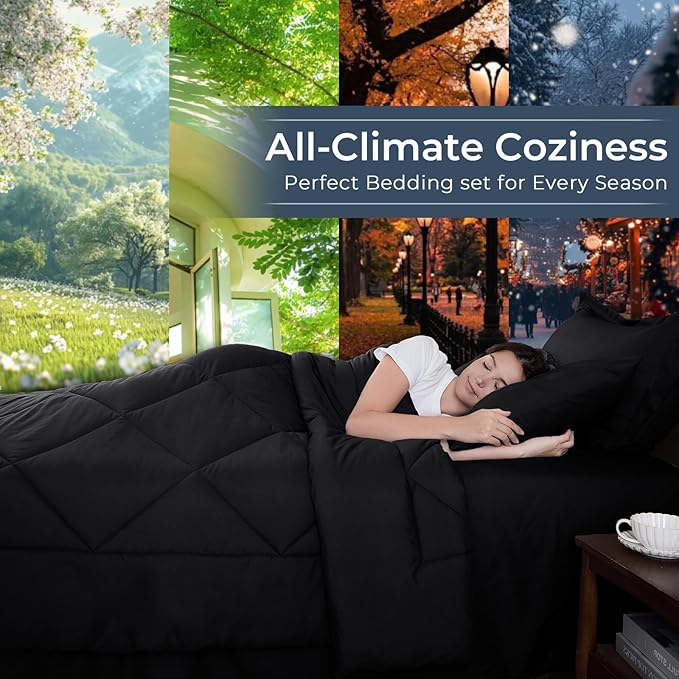 HEVUMYI Black Cali-King Comforter Set - 7-Piece All Season Bed in a Bag Cali-King, Ultra Soft Bedding Set with Comforter, Flat Sheet, Fitted Sheet, Pillowcases, Pillow Shams, Black