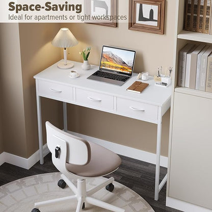 WOHOMO Small Computer Desk with Drawers, 39.3 Inch Vanity Desk with Storage, Home Office Computer Desk for Small Spaces, Modern Work Writing Study Table, White