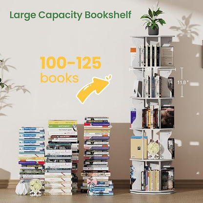 Rotating Bookshelf, 5 Tier Spinning Bookshelf Tower, Corner Revolving Storage Rack for Bedroom, Study Room, Kids Room, Living Room, Office (White, 5 Tier)