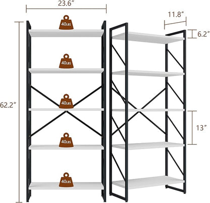 Shintenchi 5 Tiers Bookshelf, Classically Tall Bookcase Shelf,Industrial Book Rack,Modern Book Holder in Bedroom/Living Room/Office, Storage Rack Shelves for Books/Movies,11.8" Dx23.6 Wx62.2 H,White