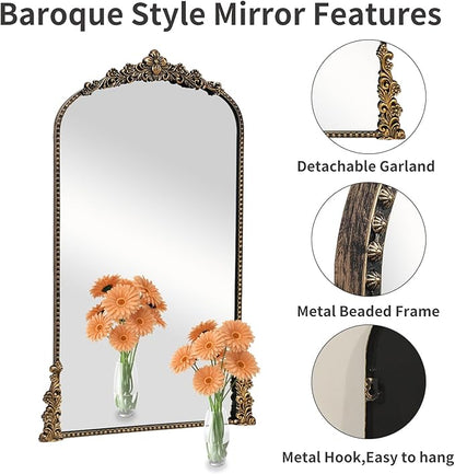 Vintage Arched Mirror, 24"x 42"Antique Baroque Mirror Style Metal Beaded Frame for Entryway Hallway Living Room,Vintage Black