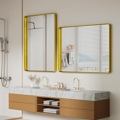 Koonmi Gold Bathroom Mirror for Wall, 36x48 Inch Matte Metal Deep Framed Rounded Corner Wall Mirror, Shatterproof Tempered Glass for Farmhouse Bedroom Entryway, Vertically or Horizontally