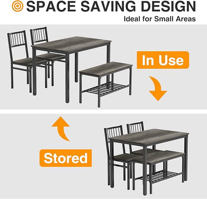 Teraves Dining Table Set for 4/Computer Desk,Kitchen Table with 2 Chairs and a Bench,Table and Chairs Dining Set 4 Piece Set for Dining Room (Black Oak+Black Frame, 110CM)