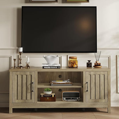 ChooChoo Farmhouse TV Stand, Wood Fluted Door Entertainment Center with Storage Cabinets and Open Shelves, Rustic Media Console up to 55 inches for Living Room, Bedroom, Grey Wash
