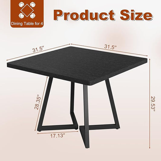 Square Dining Table for 4, 31.5-Inch Farmhouse Dinner Table Wooden Kitchen Tables with Metal Base for Dining Room, Kitchen, Living Room, Black