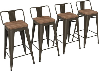 Yongchuang 24 inch Bar Stools Set of 4 Metal Counter Height Bar Stools with Wood Seat Kitchen Low Back Barstools Gunmetal