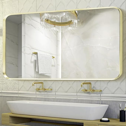 Wall Mount Mirror for Bathroom, Large Brushed Gold Metal Framed Rounded Corner Rectangular Vanity Mirror, Tempered Glass, Anti-Rust, Hangs Horizontally or Vertically (28" x 60", Gold)