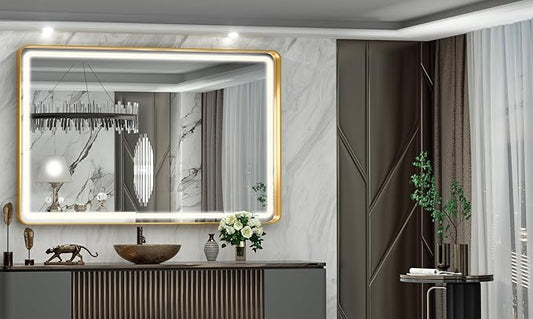 Hasipu 40×30 Inch LED Bathroom Mirror with Lights, Gold Metal Framed Bathroom Light Mirror for Vanity Anti-Fog, Dimmable, 3 Colors (Horizontal/Vertical)
