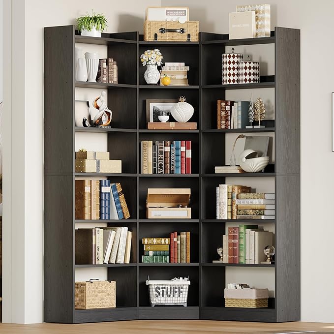 IRONCK Corner Bookshelf, 7-Tier Bookshelf with Storage, Corner Bookcases with Baffles Etagere Shelf for Living Room Home Office Bedroom, Black