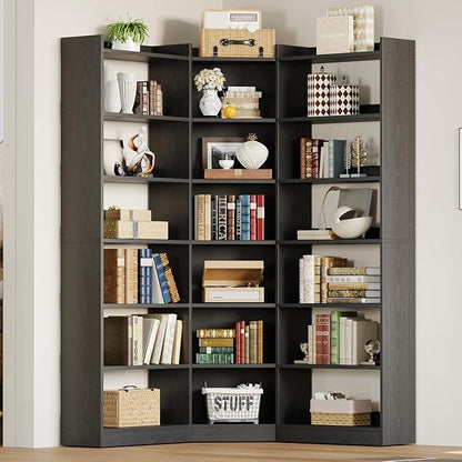 IRONCK Corner Bookshelf, 7-Tier Bookshelf with Storage, Corner Bookcases with Baffles Etagere Shelf for Living Room Home Office Bedroom, Black