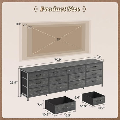 Huuger 70 Inch Dresser for Bedroom, TV Stand for 65, 75, 80 Inch TV, 13 Fabric Drawer Long Dresser, Large Entertainment Center for Bedroom, Wide Chest of Drawer with Storage, Charcoal Black