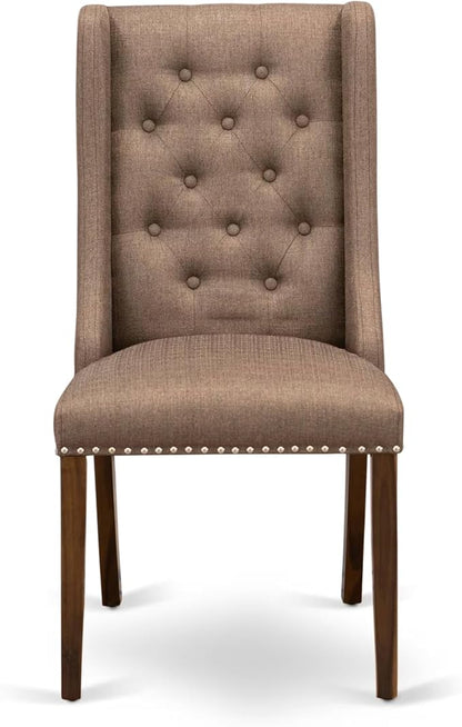 NKFO9-AWA-18-9-Piece Kitchen Set Consists of a Dinner Table and 8 Brown Linen Fabric Kitchen Chairs with Button Tufted Chair Back - Antique Walnut Finish.