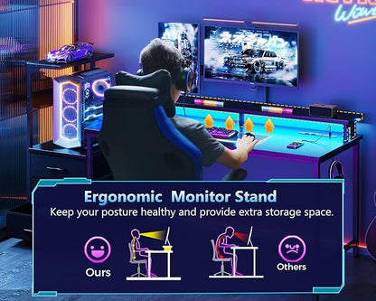 AODK 52 Inch Gaming Desk with USB Charging Ports & LED Light- Reversible Computer Desk with Storage Shelves & Monitor Stand, Modern Gamer Desk Table with Fabric Drawers & Side Hook, Carbon Fiber Black