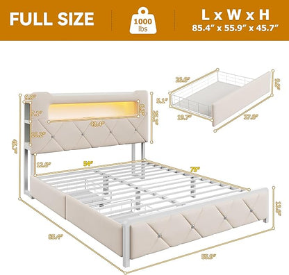 Full Upholstered LED Bed Frame with 2 Storage Drawers and 2-Tier Storage Headboard, Velvet Princess Platform Bed with Charging Station & Bookcase, Corner Bed Frame, Heavy Duty Metal Support, Beige