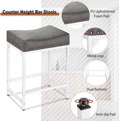 Bar Stools Set of 2, Counter Height Bar Stools with Thick Saddle Cushion and Barstools Metal Frame, 24" Modern Saddle Stool for Bar, Stool for Kitchen Counter Island Pub (Grey+White)