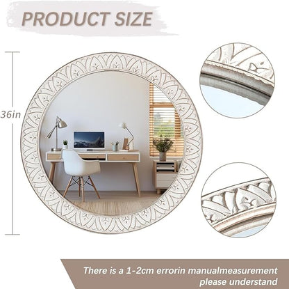 Mirror Round Wood 36 Inch Farmhouse Wood Frame Round Mirror Rustic Large Decorative Wall Mount Bathroom Mirror Antique Hanging Mirror for Living Room, Bedroom, Entryway