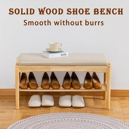 latifolia Small Shoe Bench, Solid Wood Bench with Cushion, 2 Tier Shoe Storage Organizer for Entryway(Nature,31.50''L)
