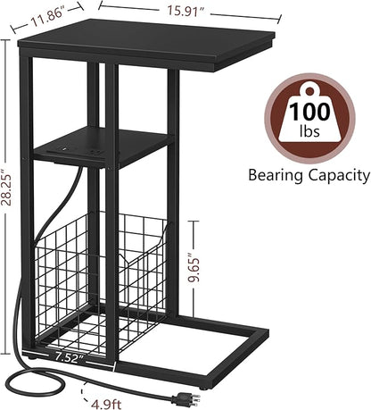 Vagusicc C Shaped End Table with Charging Station, Side Table for Couch, Small Side End Table for Small Spaces, 28" High Slide Under Sofa Table for Coffee, Tv Tray Table for Living Room, Black
