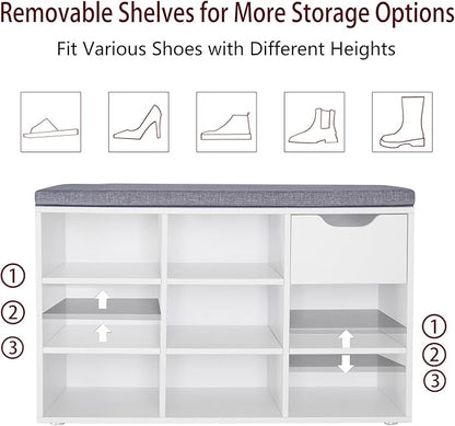 DINZI LVJ Shoe Bench,Entryway Storage Bench with Drawer and 8 Cubbies,Cubby Rack Adjustable Shelves,Shoe Organizer Cabinet for Living Room,Bedroom,Mudroom,Closet Garage,White