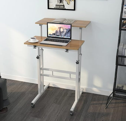 soges 23.6inches Height Adjustable Desk Laptop Desk on The Wheels, Rolling Stand Up Desk Computer Desk Adjustable Standing Desk Sit and Stand Desk Portable Laptop Table, Oak