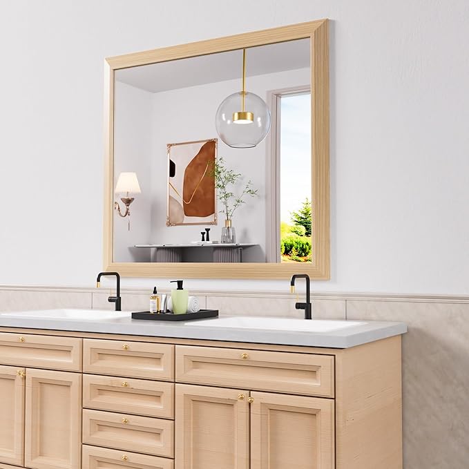 Amorho 40X36 Inch Bathroom Mirror for Wall, Oak Wood Grain Metal Framed Mirror, Anti-Rust, Hang Horizontally/Vertically, Suitable for Vanity, Bedroom, Farmhouse, Bathroom