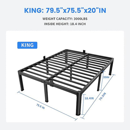 MAF 20 Inch King Size Bed Frame with Round Corner Legs Mattress Slide Stopper No Box Spring Needed Heavy Duty Metal Platform Bed Frames Under-Bed Storage Space, 3000 LBS Steel Slats Support