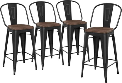Yongqiang 26 inch Bar Stools Set of 4 High Back Metal Kitchen Counter Height Bar Chairs Barstools with Large Wooden Seat Industrial Matte Black
