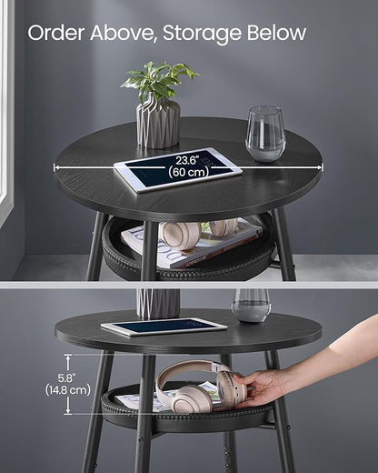 VASAGLE EKHO Collection - Bar Table with Storage, Round High Pub Table, Synthetic Leather with Stitching, Mid-Century Modern, Kitchen Home Bar, Living Room, Easy Assembly, Ebony Black and Ink Black