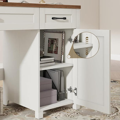 Farmhouse 47" Executive Desk, Computer Desk with Drawers and Storage Cabinet, Workstation Computer Desk for Home Office and Study.(Unique White)