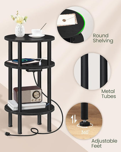Small Round Side Table with Charging Station, 3-Tier Round End Table for Small Spaces, Nightstand for Living Room, Bedroom, Black TBZ06UBB