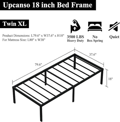 18 Inch Twin XL Bed Frames, Metal Platform Twin XL Bed Frame with High Storage, Eassy Assembly 2,500 Lbs Heavy Duty Bedframes, Black