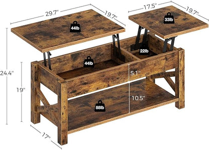 Rolanstar Coffee Table 47.2", 2 Way Lift Top with Hidden Compartment, Lift Top Coffee Table with Open Shelf & X Wooden Support, Center Table for Living Room, Rustic Brown