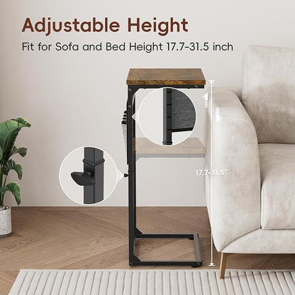 Vagusicc C Shaped End Table, Set of 2 Tall Side Table for Couch, Adjustable Height Small Couch Side Table for Small Spaces, End Table Slide Under Sofa Table TV Tray Arm Table for Living Room, Brown