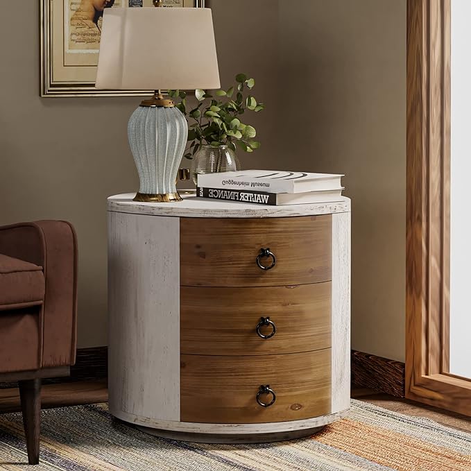 COSIEST 3 Drawer Chest of Drawers, 20 inch MDF Round Storage Cabinet, Retro Whitewash Finish Nightstand, Wood Bedside Table with Drawers for Bedroom Living Room
